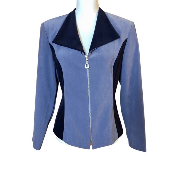 Amanda Smith Jackets & Blazers - Amanda Smith Petites Size 10P Vintage Two-Tone Blue Faux Suede Zip Front Blazer
